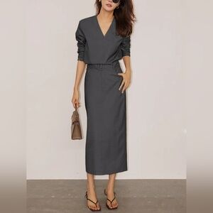 Commense Solid V-neck Belted Two Piece Skirt Set